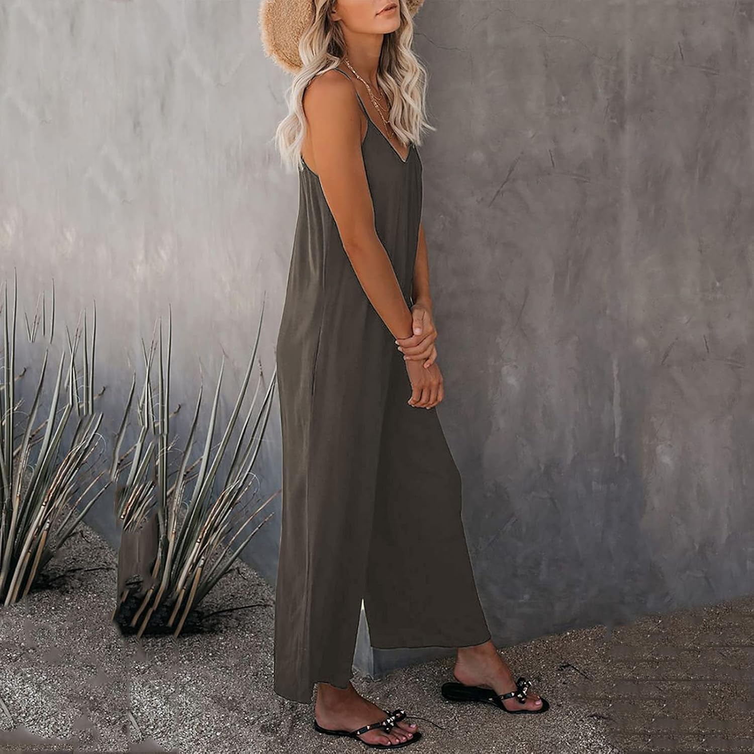 Women Summer Romper Loose Baggy Cotton V Neck Overalls Solid Color Spaghetti Strap Jumpsuits with Pockets