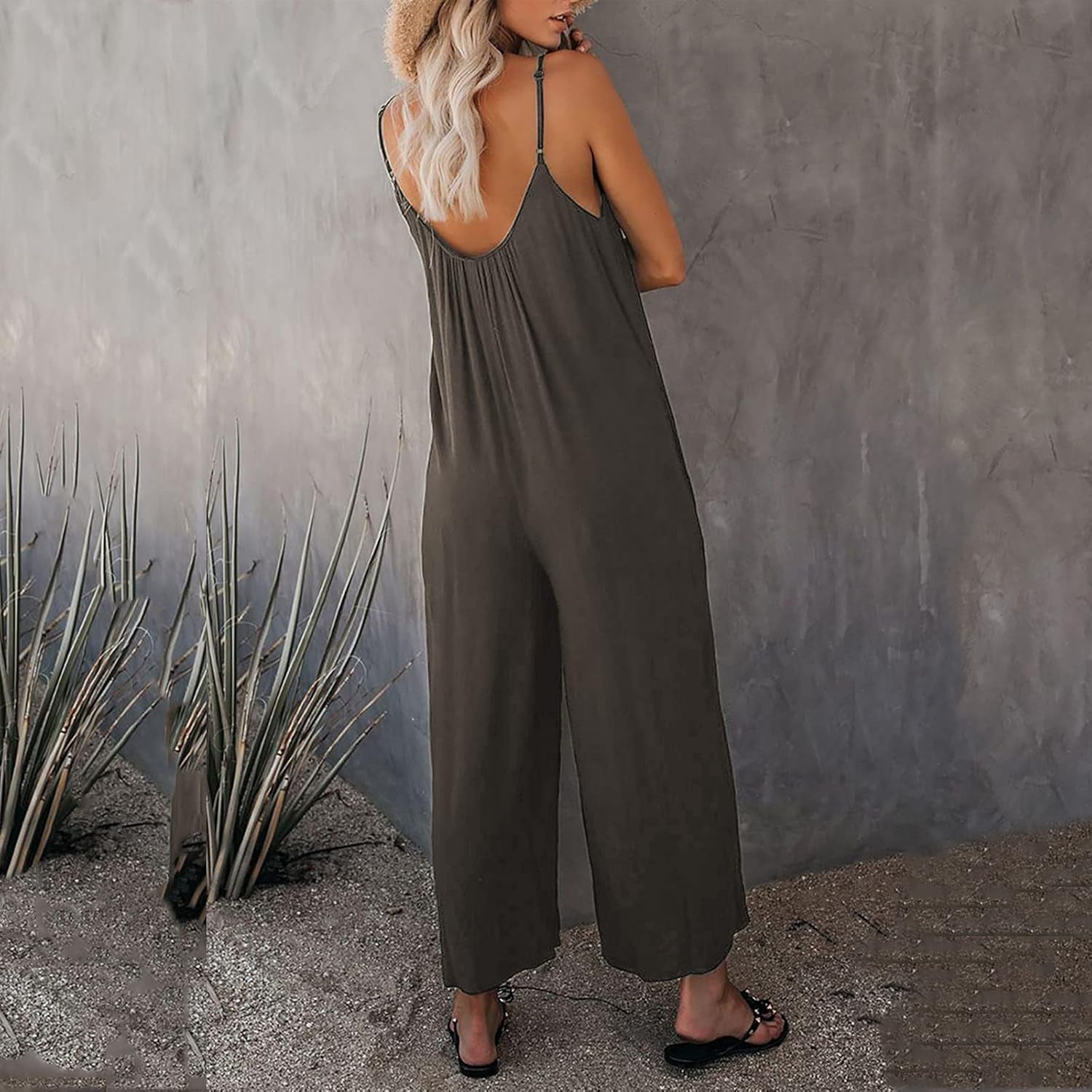 Women Summer Romper Loose Baggy Cotton V Neck Overalls Solid Color Spaghetti Strap Jumpsuits with Pockets