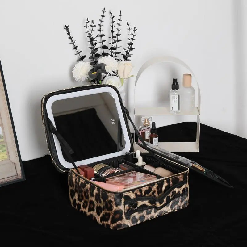 Travel Makeup Bag with USB Rechargeable Mirror & LED Light, 1 Set Summer Portable Cosmetic Bag with Adjustable Partition, Jewelry Organizer, Summer Essentials, Travel Essentials