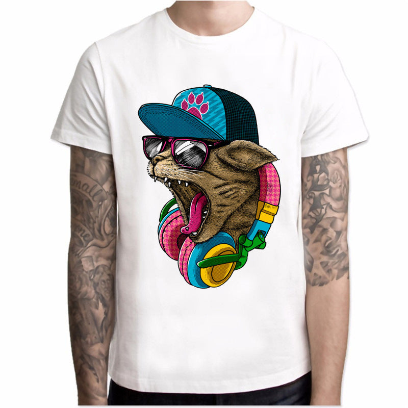 Men's Fashion Short Sleeve DJ Cat T Shirt - Fun Graphic Tee