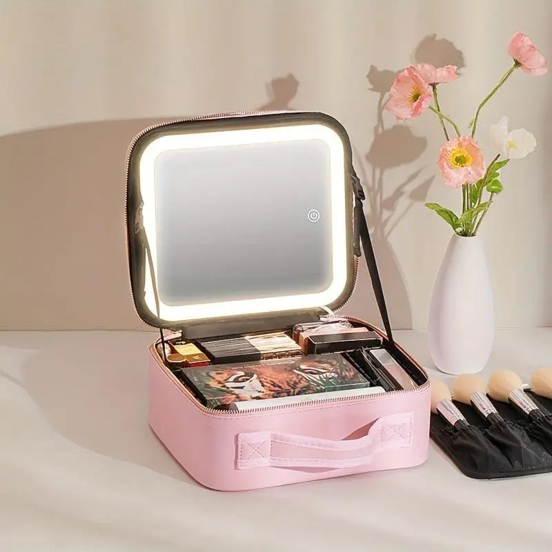 Travel Makeup Bag with USB Rechargeable Mirror & LED Light, 1 Set Summer Portable Cosmetic Bag with Adjustable Partition, Jewelry Organizer, Summer Essentials, Travel Essentials