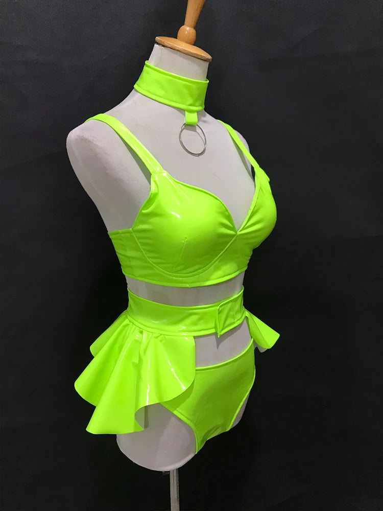 Costume de spectacle de bikini de boîte de nuit de couleur fluorescente, tenues de rave, tenues de scène de danseuse de bar DJ, costume de pole dance VDB3768 