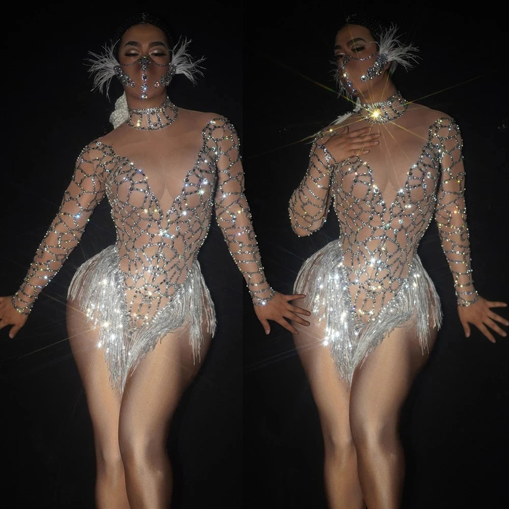 Sparkly Rhinestones Tassel Bodysuit Sexy Nude Mesh Transparent Nightclub Show Dance Costume Bar DJ Singer Stage Performance Wear