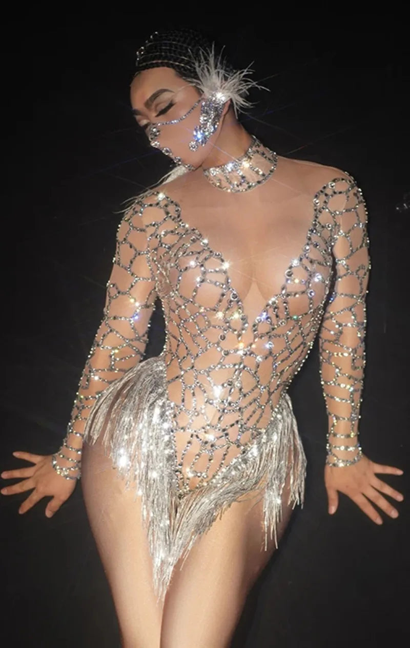 Sparkly Rhinestones Tassel Bodysuit Sexy Nude Mesh Transparent Nightclub Show Dance Costume Bar DJ Singer Stage Performance Wear