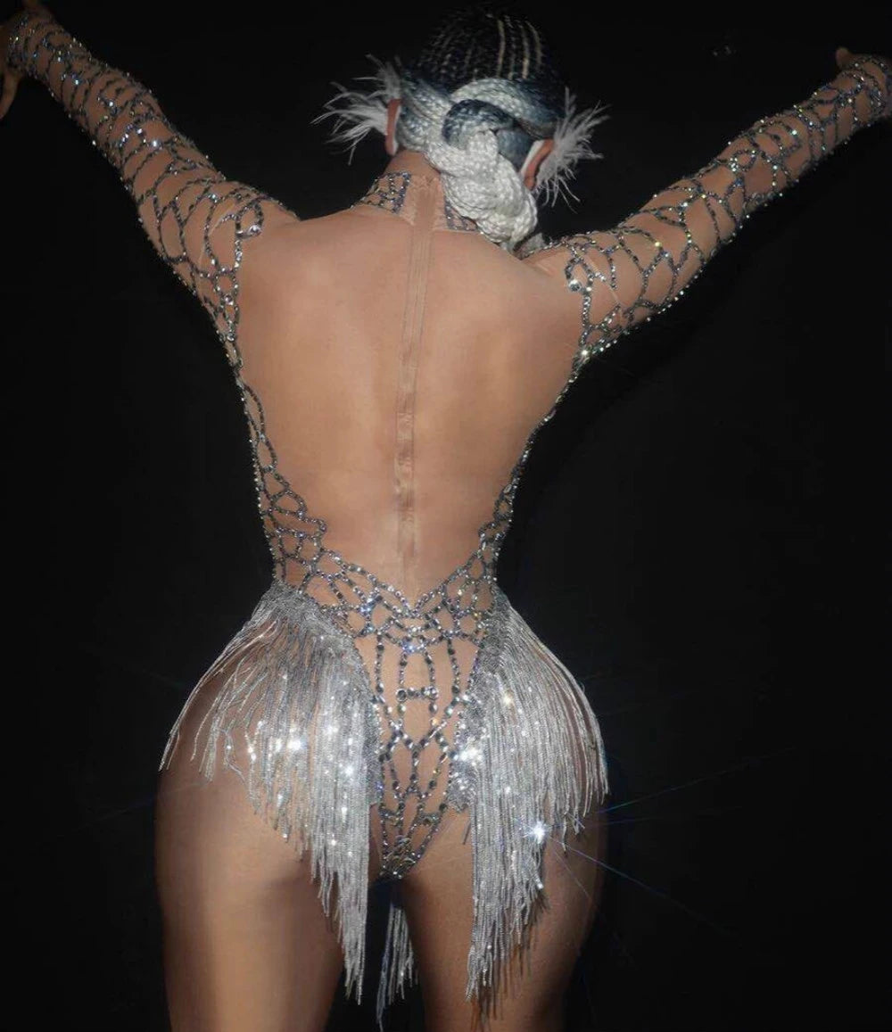 Body à pampilles en strass scintillants, sexy, en maille transparente, pour discothèque, spectacle, danse, bar, DJ, chanteur, vêtements de scène 