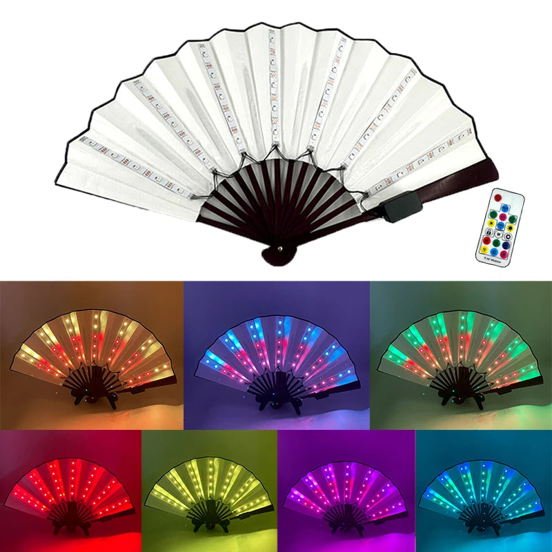 Ventilador de mano LED fluorescente con control remoto, ventilador plegable brillante