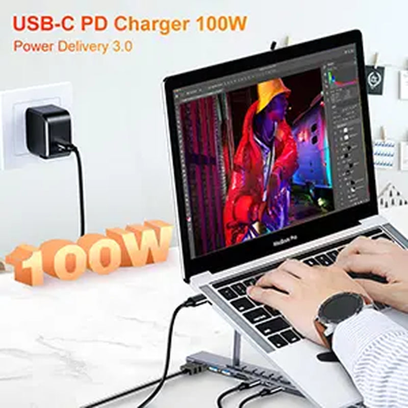 Choetech 7 in 1 USB C Hub Laptop Docking Station Stand with 4K HDMI, 2 USB 3.1, PD 100W, 6 Levels of Height Adjustment, Only 0.7 Lbs, Portable and Ideal for Business Travel