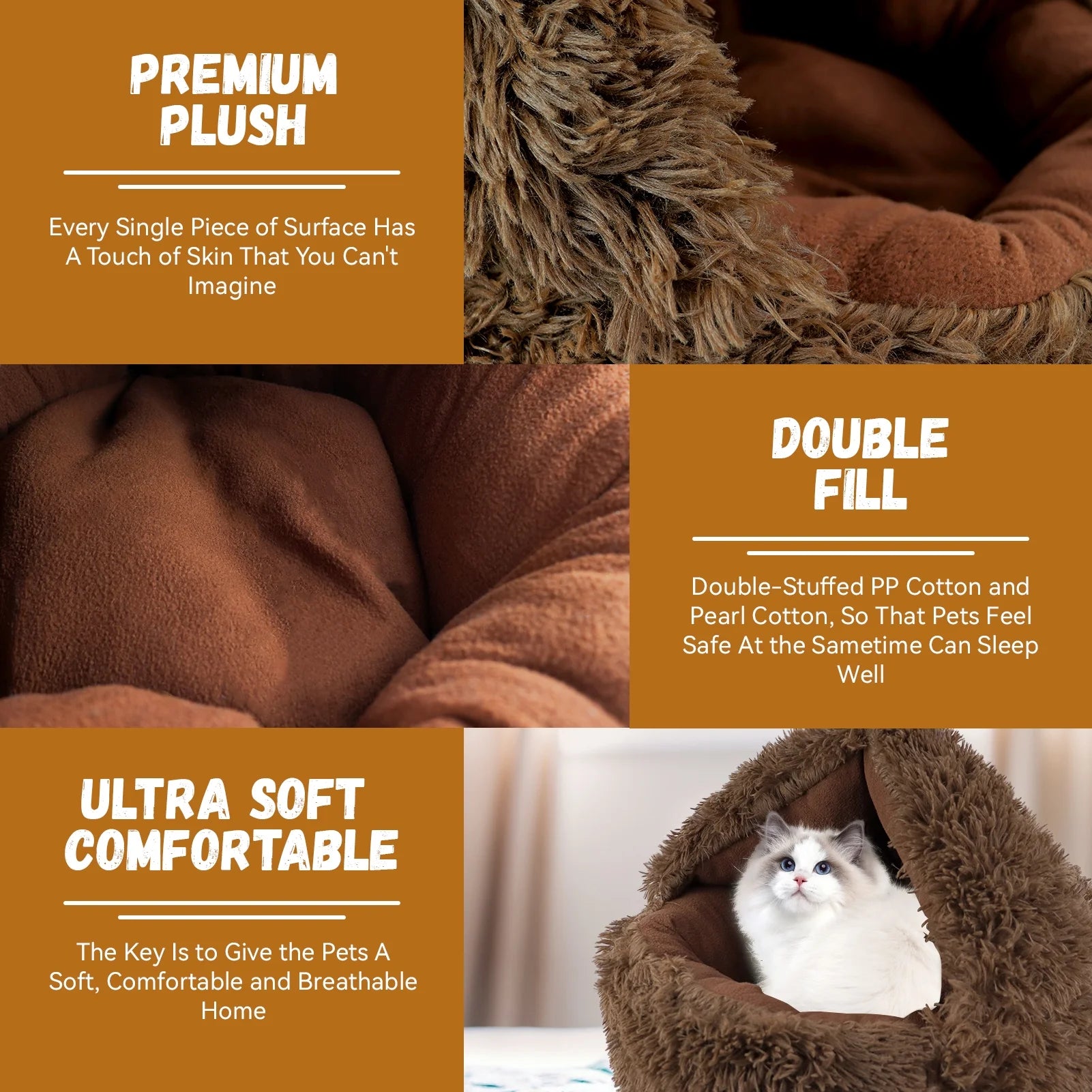 Round Dog Cave Bed - Self Warming Dog Bed, Pet Bed, Cat Bed, Pet House for Small Dogs Cats, Brown